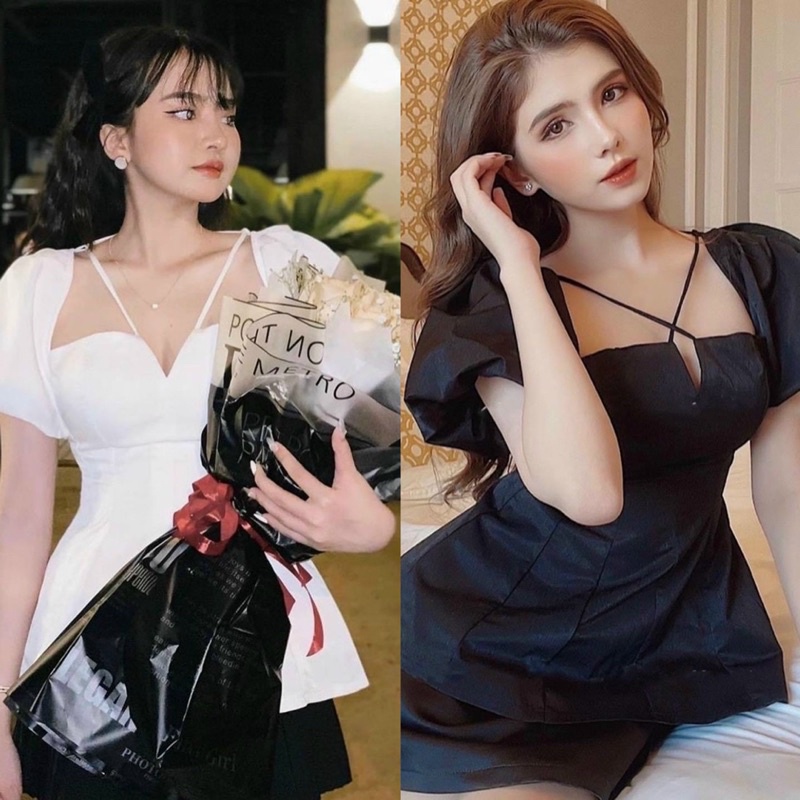 [Shop bigsize nữ 50kg-90kg] Set áo peplum đan dây + chân váy chữ A đi tiệc