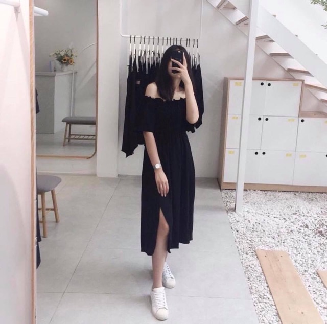 ĐẦM RUMA DRESS XẺ TÀ FROM DÀI MÀU ĐEN - ĐẦM XOÈ NHẸ PHẦN TRÊN NHÚN BO CHUN ( kèm ảnh thật ) | BigBuy360 - bigbuy360.vn