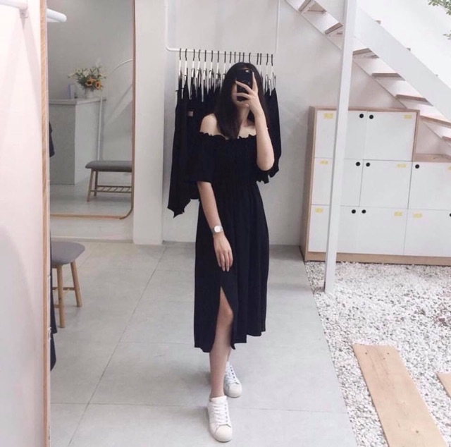 ĐẦM RUMA DRESS XẺ TÀ FROM DÀI MÀU ĐEN - ĐẦM XOÈ NHẸ PHẦN TRÊN NHÚN BO CHUN ( kèm ảnh thật )