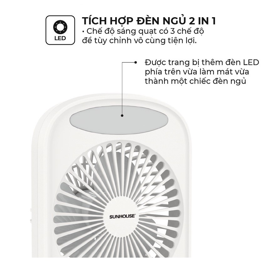 Quạt tích điện mini Sunhouse SHD7110, pin lithium 1800mAh siêu bền, sử dụng đến 4,5h, tích hợp đèn ngủ