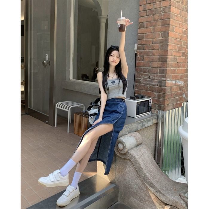 Chân Váy Jean Dáng Dài Xẻ Đùi Cá Tính