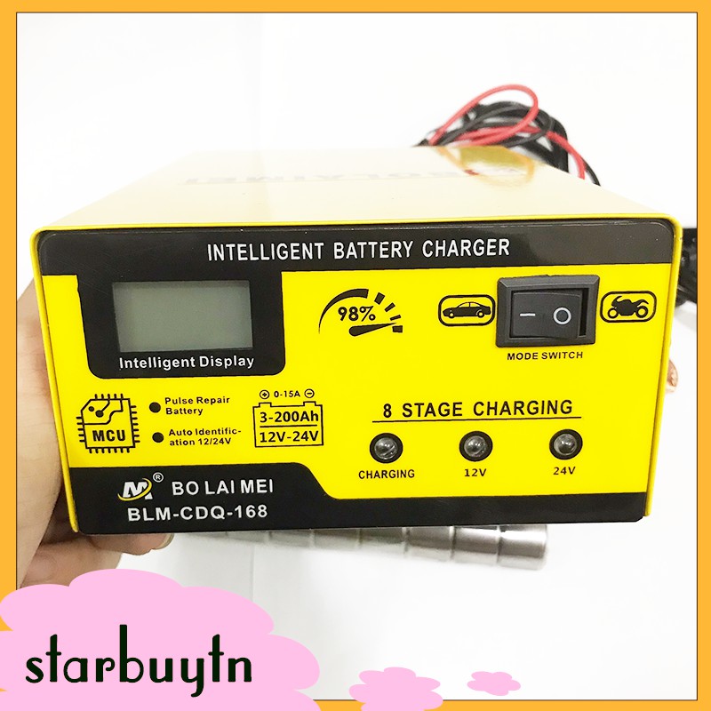 Sạc acquy tự động 12V 24V 200Ah, Sạc ắc quy ô tô xe máy tốc độ nhanh thông minh BOLAIMEI BLM-168