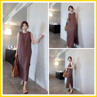 Váy linen dáng suông cổ tròn sát nách xẻ 2 bên đủ size S đến XL 44-63kg