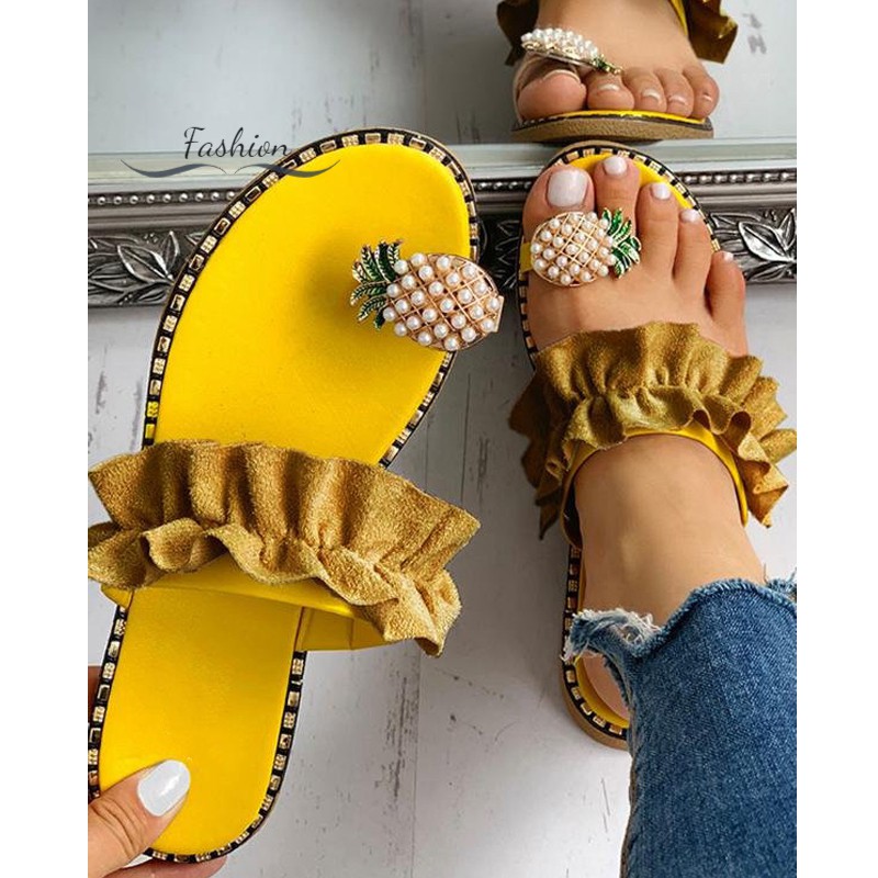 Ds Womens Fashion Pineapple Open Toe Ring Sandals Wild Flat Slippers for Summer Beach @vn