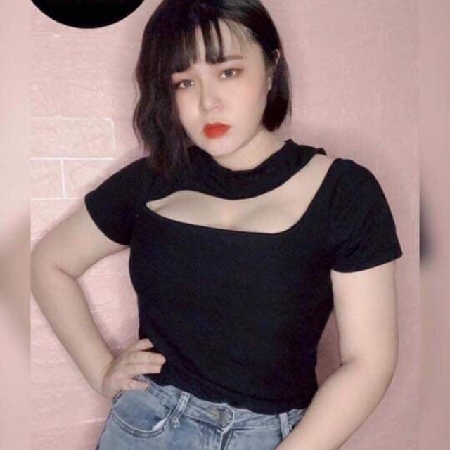 [Shop bigsize nữ ] Áo kiểu bigsize: Áo khoét ngực màu Đen/ Nâu (có mút ngực) size từ 60-85kg (3 size: L/XL/XXL)