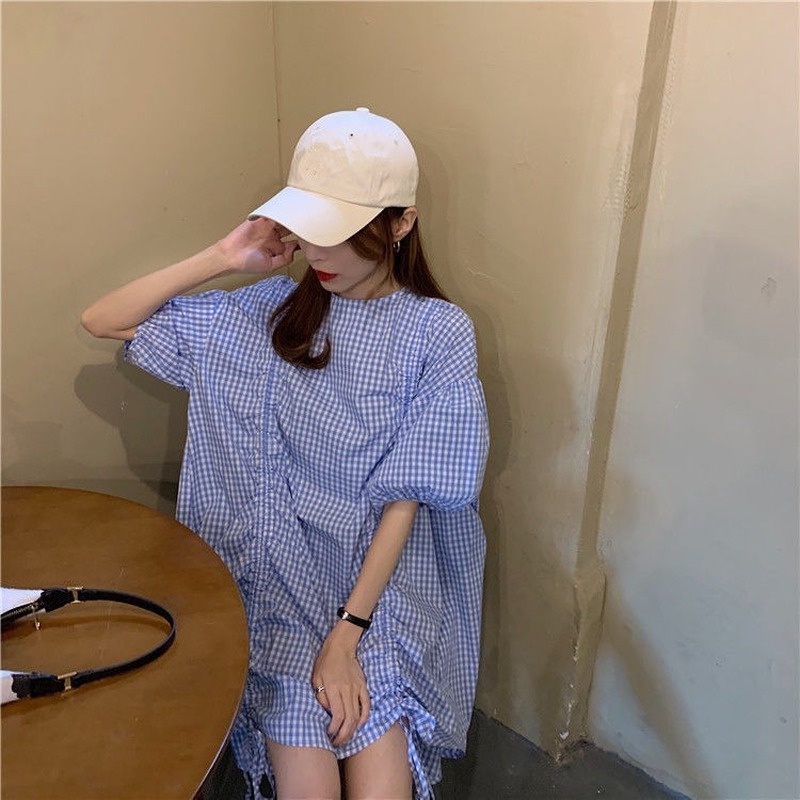 Đầm Dáng Rộng Tay Phồng Họa Tiết Sọc Caro Thiết Kế Dây Rút Thời Trang Mùa Hè Hàn Quốc Mới