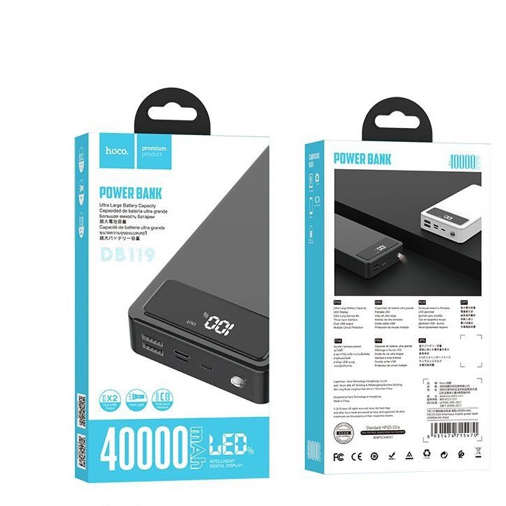 Pin dự phòng sạc nhanh 40000mAh Hoco DB119 trang bị 2 cổng Usb tích hợp đèn pin và màn hình LCD