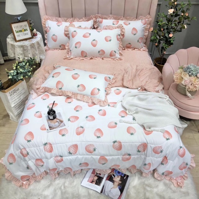 🐳Set chăn ga gối Cotton Đũi bánh bèo vừa xinh vừa mát phiên bản mới phối ga kẻ siêu xinh🍃