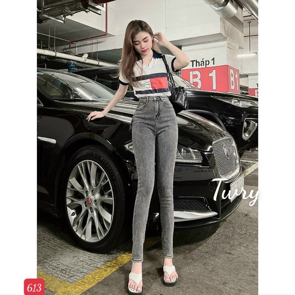 Quần jean nữ lưng cao màu xanh trơn chất bò co giãn skinny ôm dáng siêu xinh mịn sịn A-T Fashion - MQ603