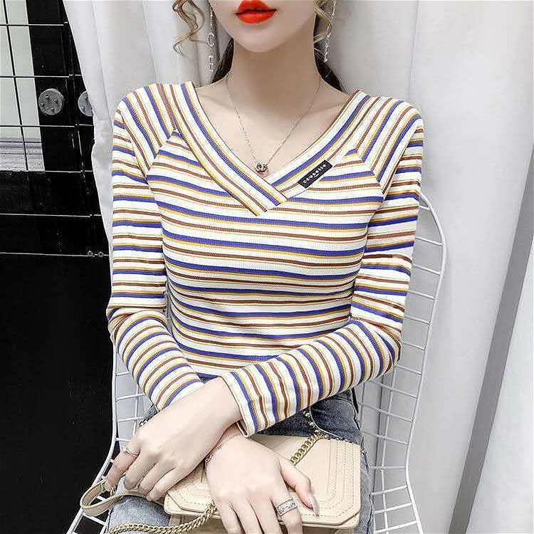 Áo Thun Tay Dài Cổ Chữ V Kẻ Sọc Thời Trang Mùa Thu Cho Nữ