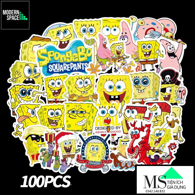 Sticker PVC Hoạt Hình Bọt Biển ST- 084 - Cả bộ 100 hình dán Chống nước Dán mũ bảo hiểm