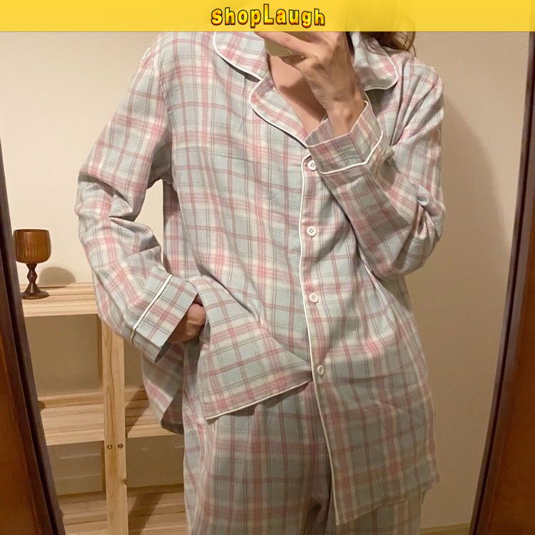 Korean style plaid long-sleeve cardigan + long pants