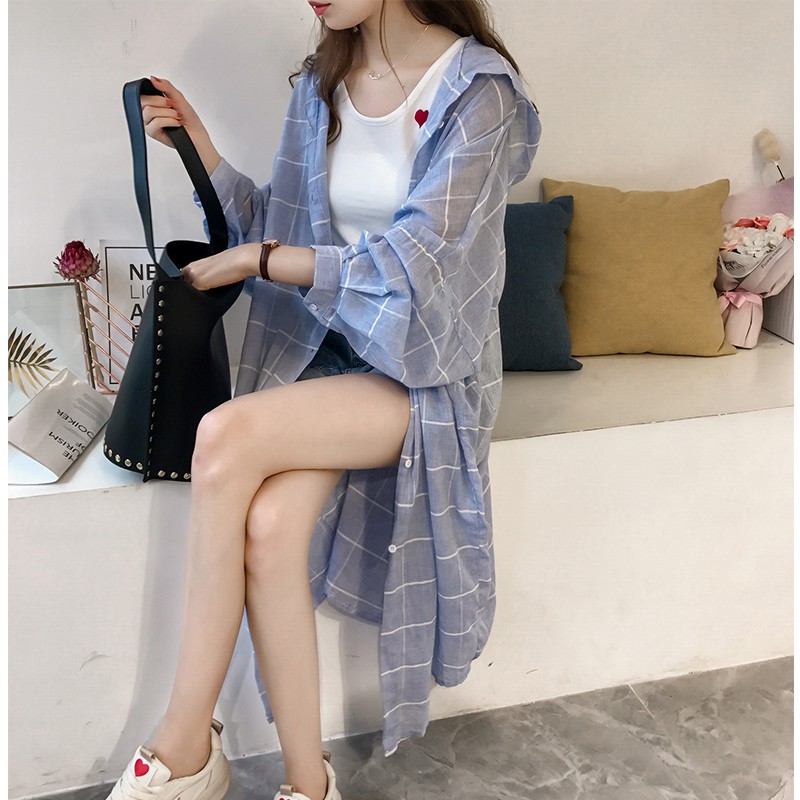 Áo Khoác Sơ Mi Có Mũ Trùm Đầu Họa Tiết Sọc Caro Chống Nắng Thời Trang Mùa Hè Cho Nữ