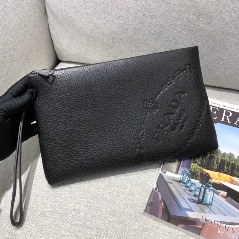 Cultch nam thương hiệu Prada da thật cao cấp màu trơn