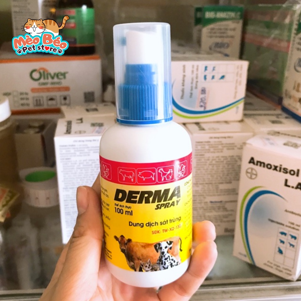 Chai xịt ghẻ ngứa viêm da lở loét chó mèo vật nuôi Derma Spray 100ml
