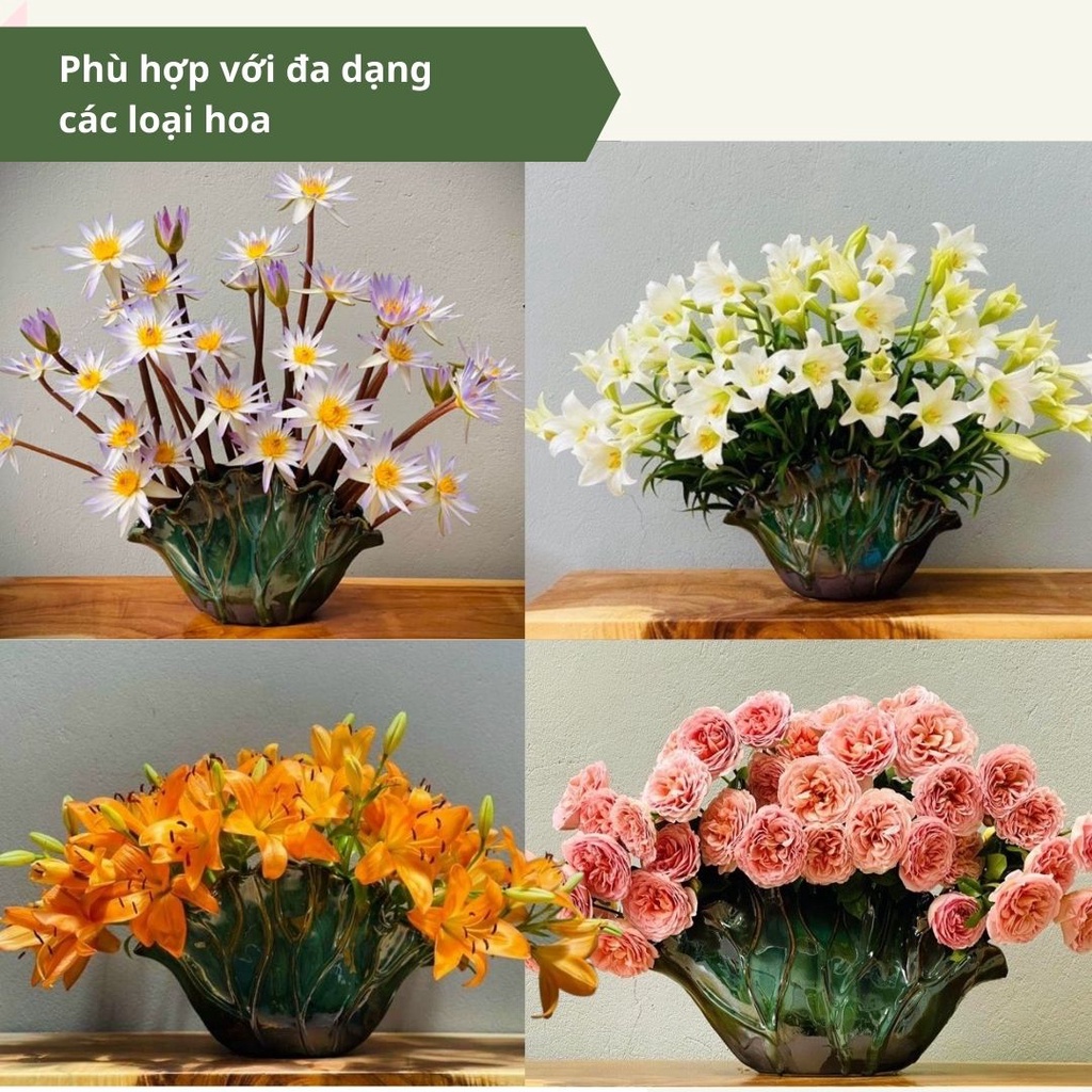 Lọ hoa gốm sứ Bát Tràng - Bình lá sen - Lọ cắm sen, cắm hoa  - Bình hoa gốm decor cao cấp - Tặng kèm miếng định hình