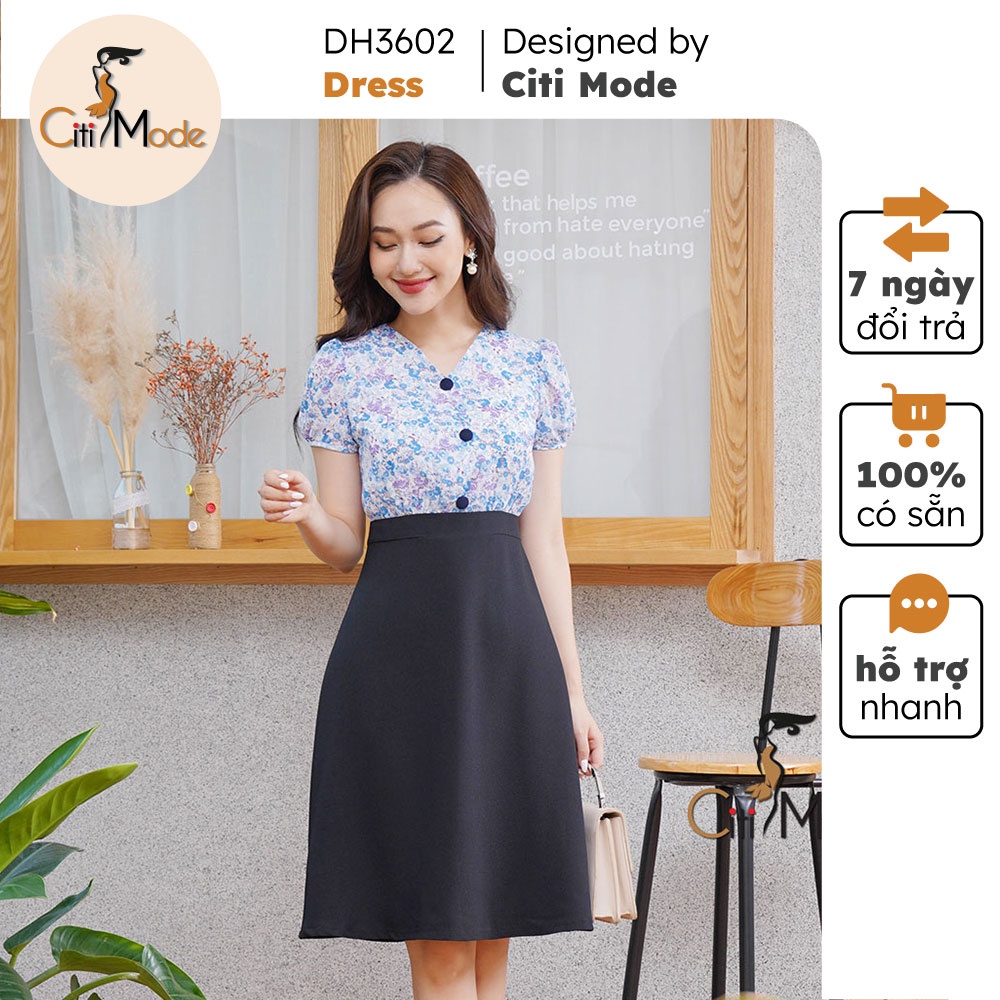 Đầm xòe công sở hoa xanh phối chân váy xoè đen CITI MODE cổ V đính cúc cao cấp DH3602