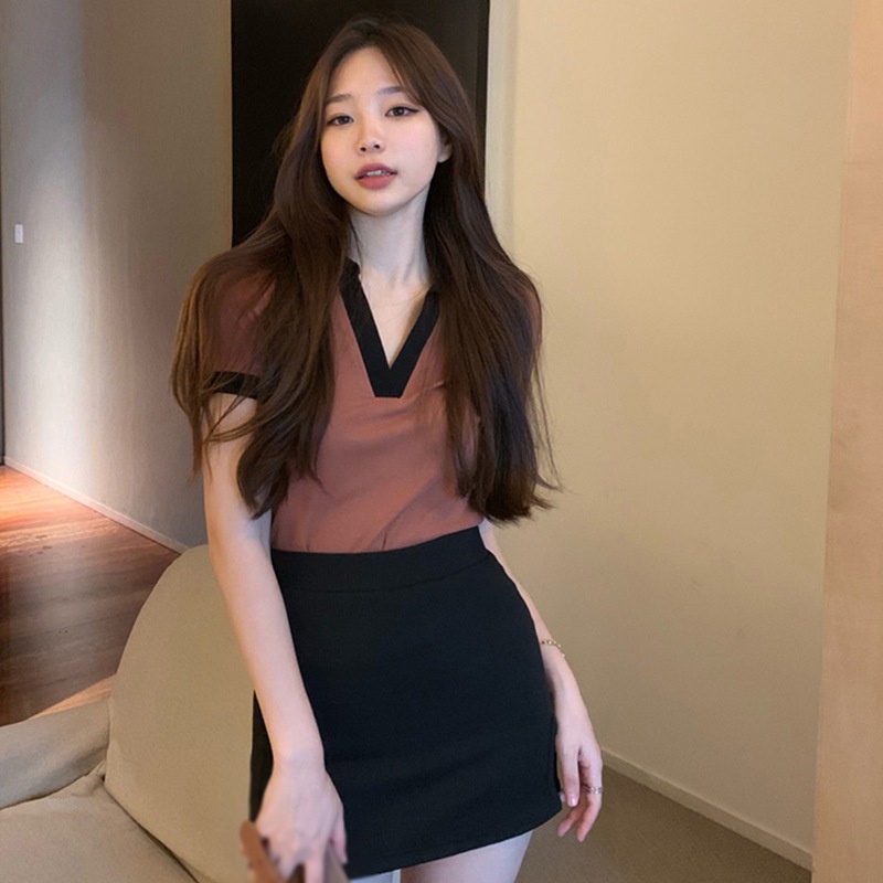 Áo Thun Polo Tay Ngắn Cổ Chữ V Màu Sắc Tương Phản Dành Cho Nữ Size S-XL