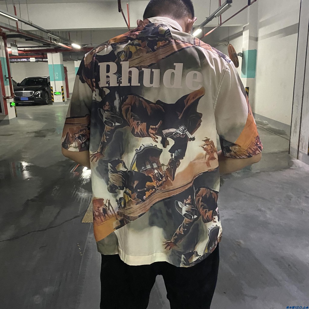 ERTY RHUDE oil painting shirt short-sleeved bounty hunter back letter print high street trend profile male T-shirt