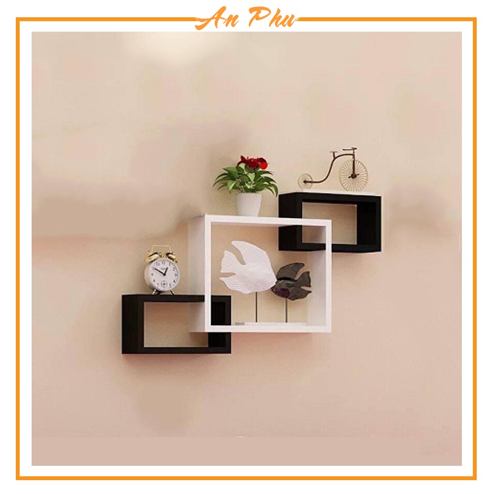 Kệ trang trí treo tường gồm 1 bộ ô vuông lồng đen đỏ