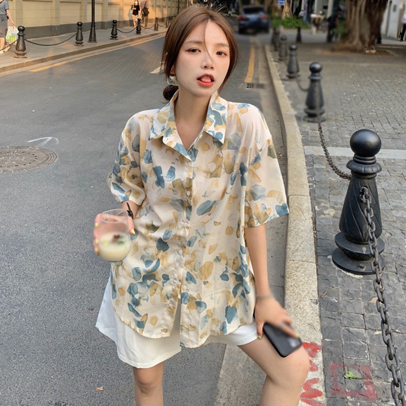 Áo sơ mi voan hoa ngắn tay thời trang mùa hè retro dành cho nữ