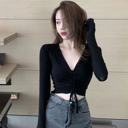 Áo Croptop tay dài rút ngực - Thun gân co giãn nhiều màu basic ullzang dễ phối