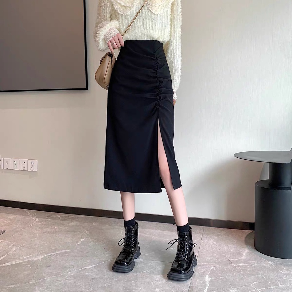 Chân váy nữ dáng dài xẻ tà có nhún ngay eo, chân váy lưng cao dáng dài chất vải dày dặn Okélla