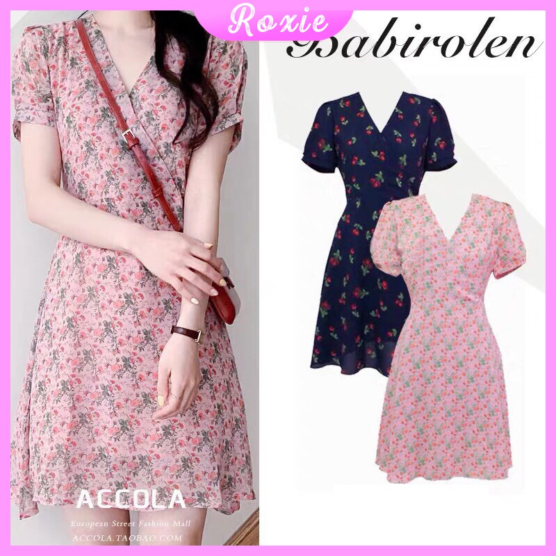 Đầm hoa nhí vintage cổ tim ngắn tay dáng suông Hàn Quốc - Roxie