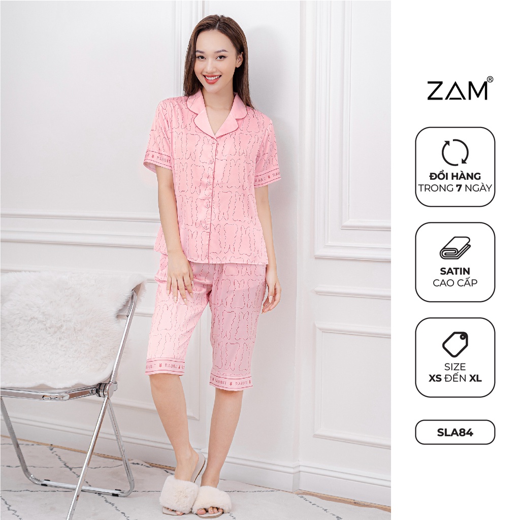 Bộ ngủ satin ZAM Luxury - SLA84 - áo ngắn tay quần lửng họa tiết
