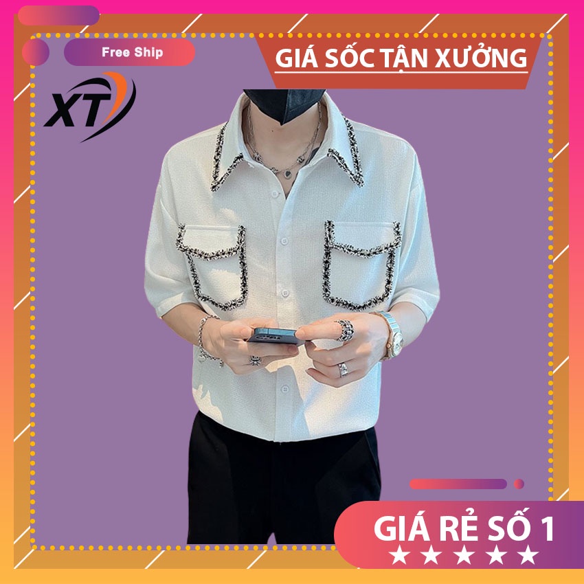 Áo sơ mi tay lỡ. N49. Viền cổ với túi lấp lánh, tông màu trung tính, phù hợp với mọi lứa tuổi.