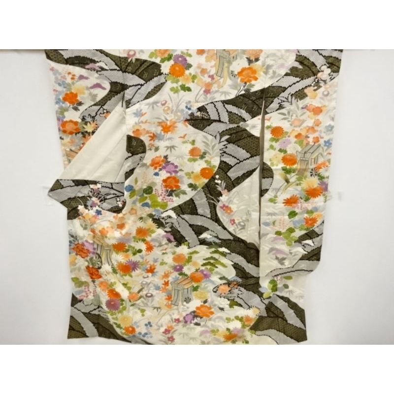 Antique Furisode Kimono Nhật Bản - Bridge and flowers embroidery - Hoa văn phong cảnh