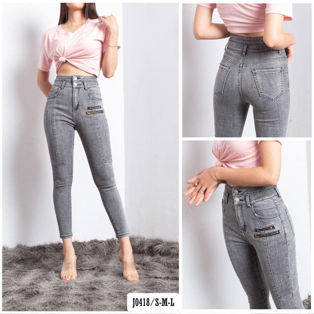 Quần Jean Skinny Nữ Ôm 2 Nút Cạp Cao Phối Dây Kéo Dưới Túi Cá Tính Và Tôn Dáng J0418