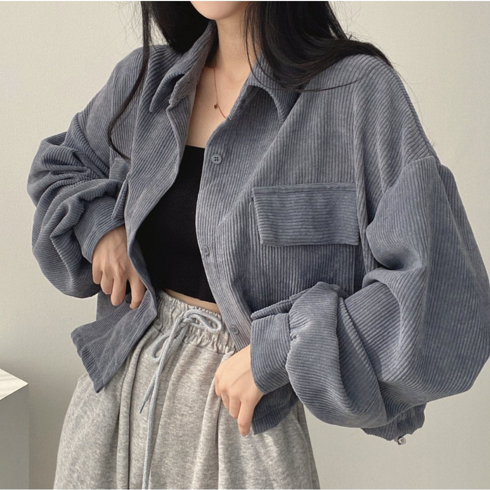Áo Sơ Mi Nữ Dáng Rộng Tay Bồng Chất Nhung Tăm Hàn Quốc 3 Màu So Hot
