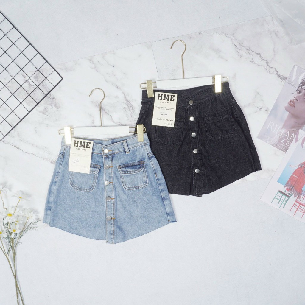 Chân váy jean có quần kiểu hàng nút phối 2 túi hộp mini trước cá tính lưng cao form đẹp