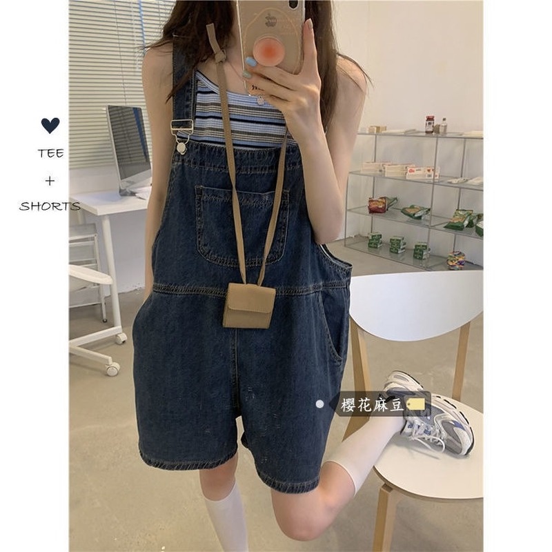 Quần yếm denim ống rộng lưng cao thời trang cho nữ