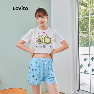 7/27Delist624 DELIST VN Bộ đồ Lovito dáng ngắn in họa tiết trái bơ hoạt hình phối dây rút rộng thoải mái dễ thương L04098 (màu xanh dương)