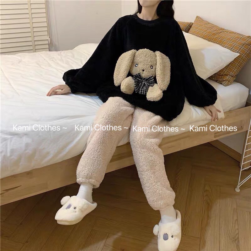 Bộ lông dài tay  hình ngộ nghĩnh, bộ ngủ nữ chất lông cừu cực ấm - KAMI Clothes