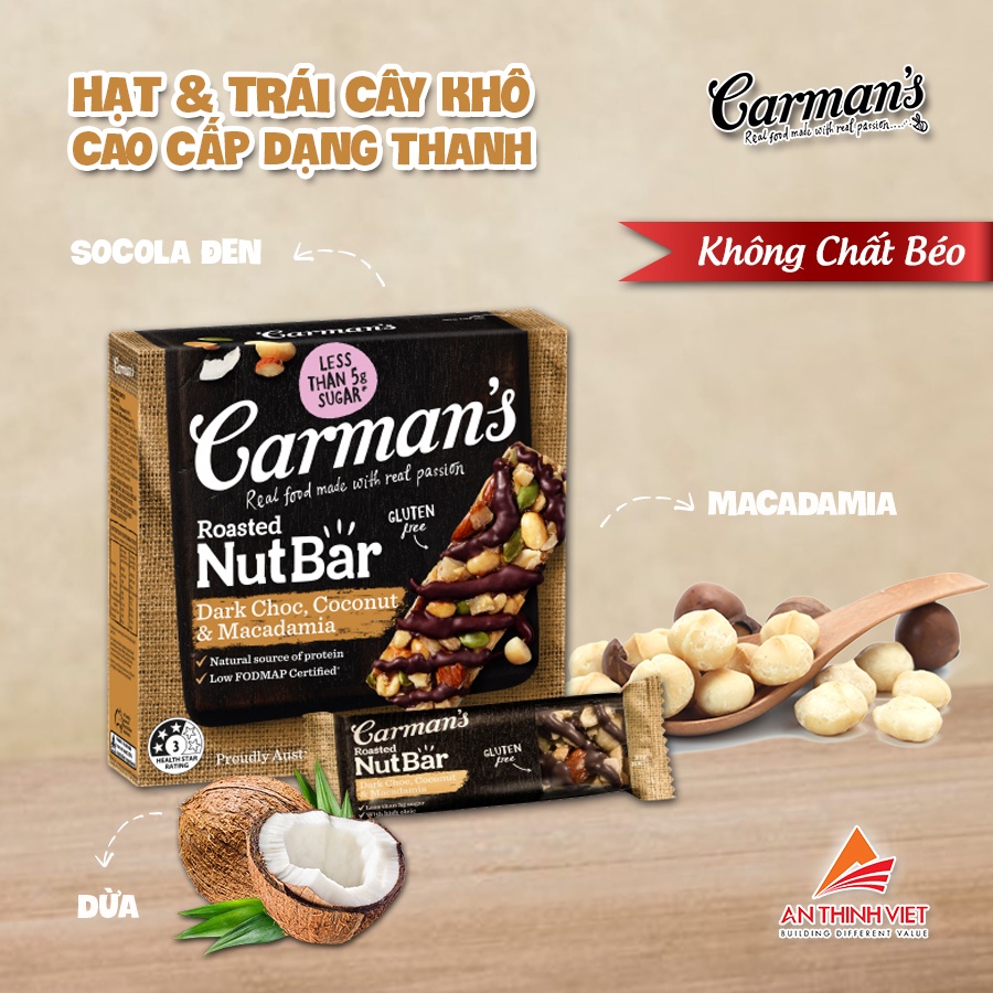 Thanh Dinh Dưỡng Carman's Không Gluten Vị Socola Đen Macca &amp; Dừa - Nut Bars Dark Choc Macadamia &amp; Coconut Hộp 5×32g