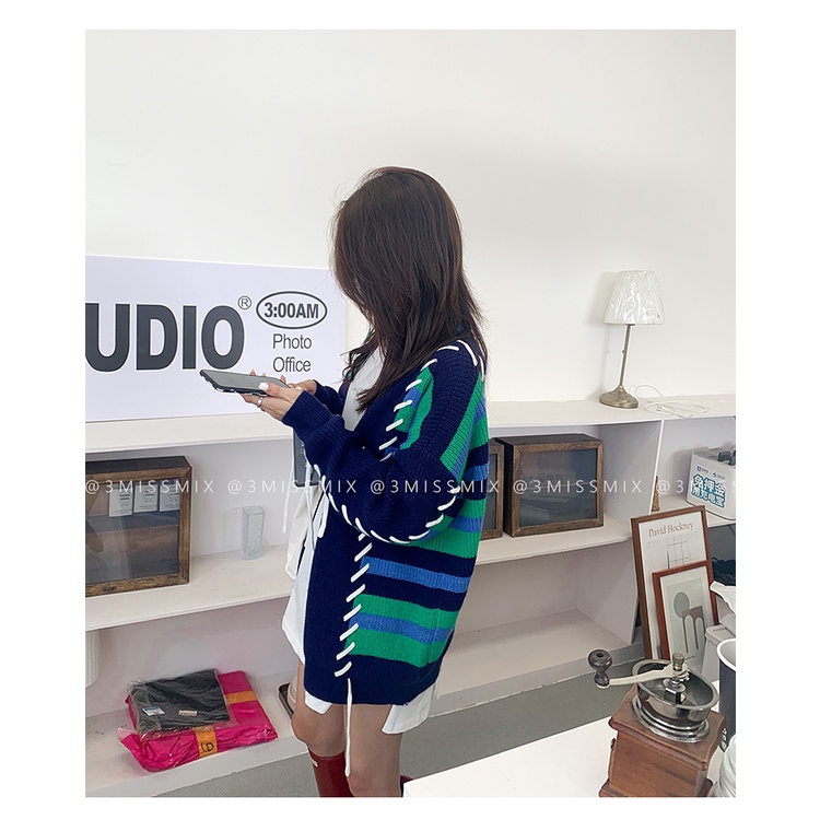 Áo khoác cardigan cổ chữ V dáng rộng phối dây rút in màu thời trang thu đông Hàn Quốc cho nữ