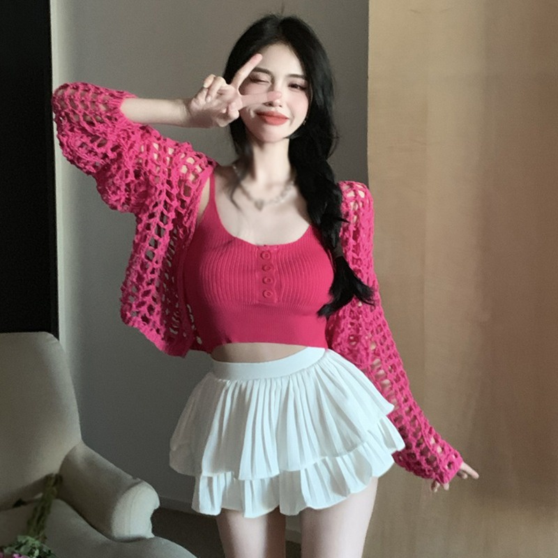 Bộ Áo Croptop Dệt Kim Màu Trơn + Áo Khoác Cardigan Tay Dài Chống Nắng Kiểu Hàn Quốc Xinh Xắn Cho Nữ