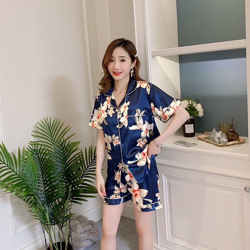 Bộ ngủ Pizama phi lụa đùi hoa lá, họa tiết, hoạt hình