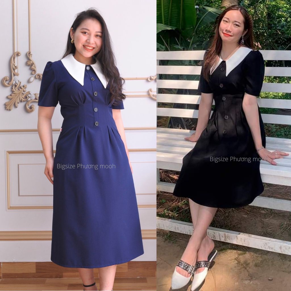 Đầm bigsize nữ, váy bigsize Moohan dáng suông, cổ tam giác trắng điệu đà cho người mập, béo - Bigsize Moohan