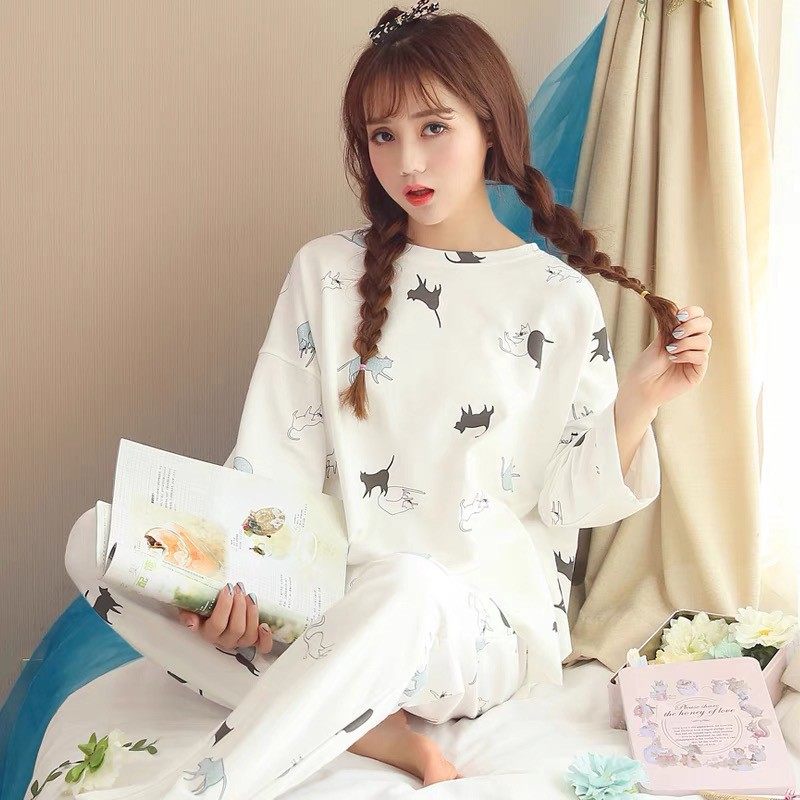 Bộ đồ ngủ nữ, pijama, quần áo mặc nhà dài tay vải co giãn 4 chiều thu đông xuân dễ thương kèm ảnh thật QA07