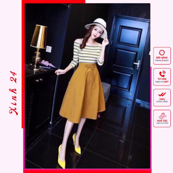 Chân váy xòe vintage nút trước thiết kế kiểu dáng tiểu thư form chuẩn | BigBuy360 - bigbuy360.vn