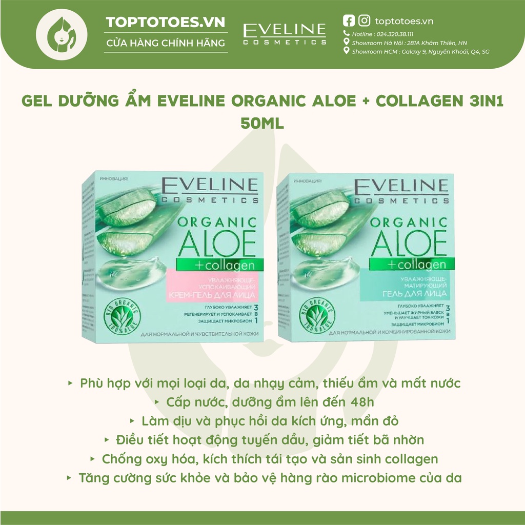 Gel dưỡng ẩm Eveline Organic Aloe + Collagen 3in1 cấp nước, làm dịu, phục hồi và trẻ hóa da 50ml