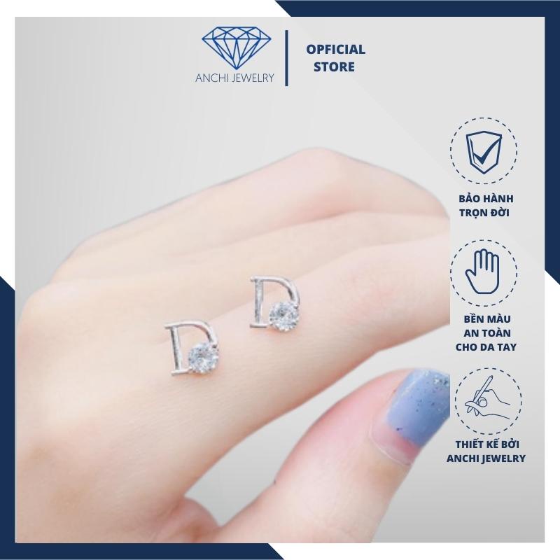 Bông tai chữ D đính đá, chuẩn bạc ý 925 bao sáng, ACJ3280 Anchi jewelry