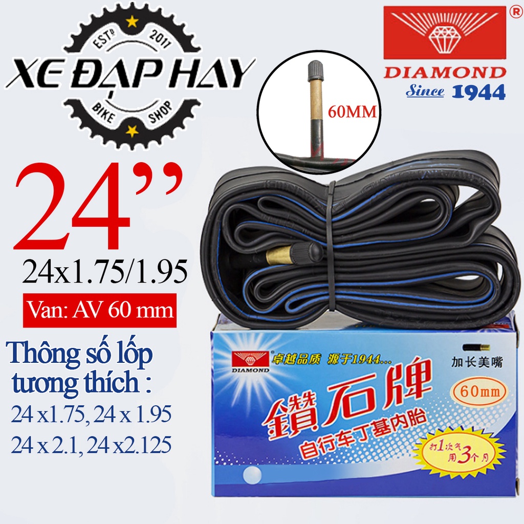 Săm Xe Đạp DIAMOND Cỡ 24x1.75/195 Van 60MM | Ruột Xe Đạp Trẻ Em Địa Hình MTB Bánh 24 Inch | Dùng Cho Vành Cao 4 CM