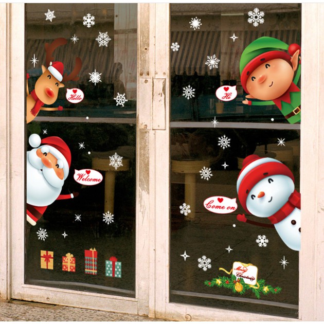 Decal trang trí Noel - Ông noel và các bạn chào đón giáng sinh vui vẻ