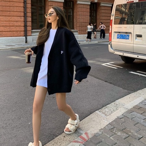 Áo khoác cardigan ZHELIHANGFEI tay dài dáng rộng cổ chữ V thời trang dành cho nữ