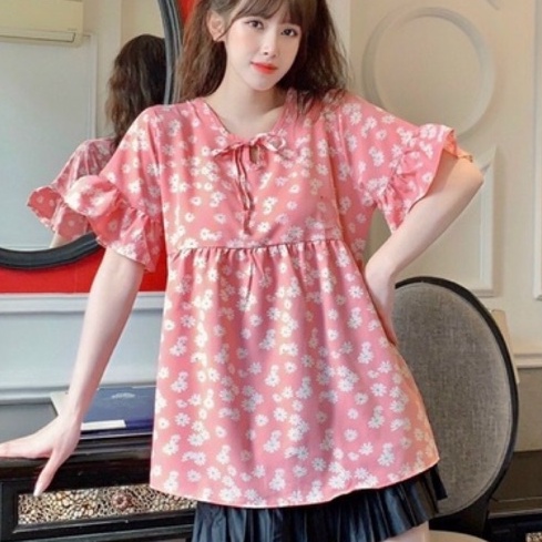 Áo bầu hoa nhí cộc tay dáng babydoll, chất lụa mềm mát